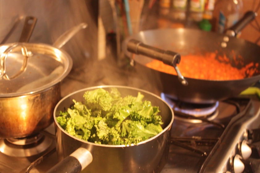 Steamy Kale, with Chickpea Romanesco bubbling beside. 